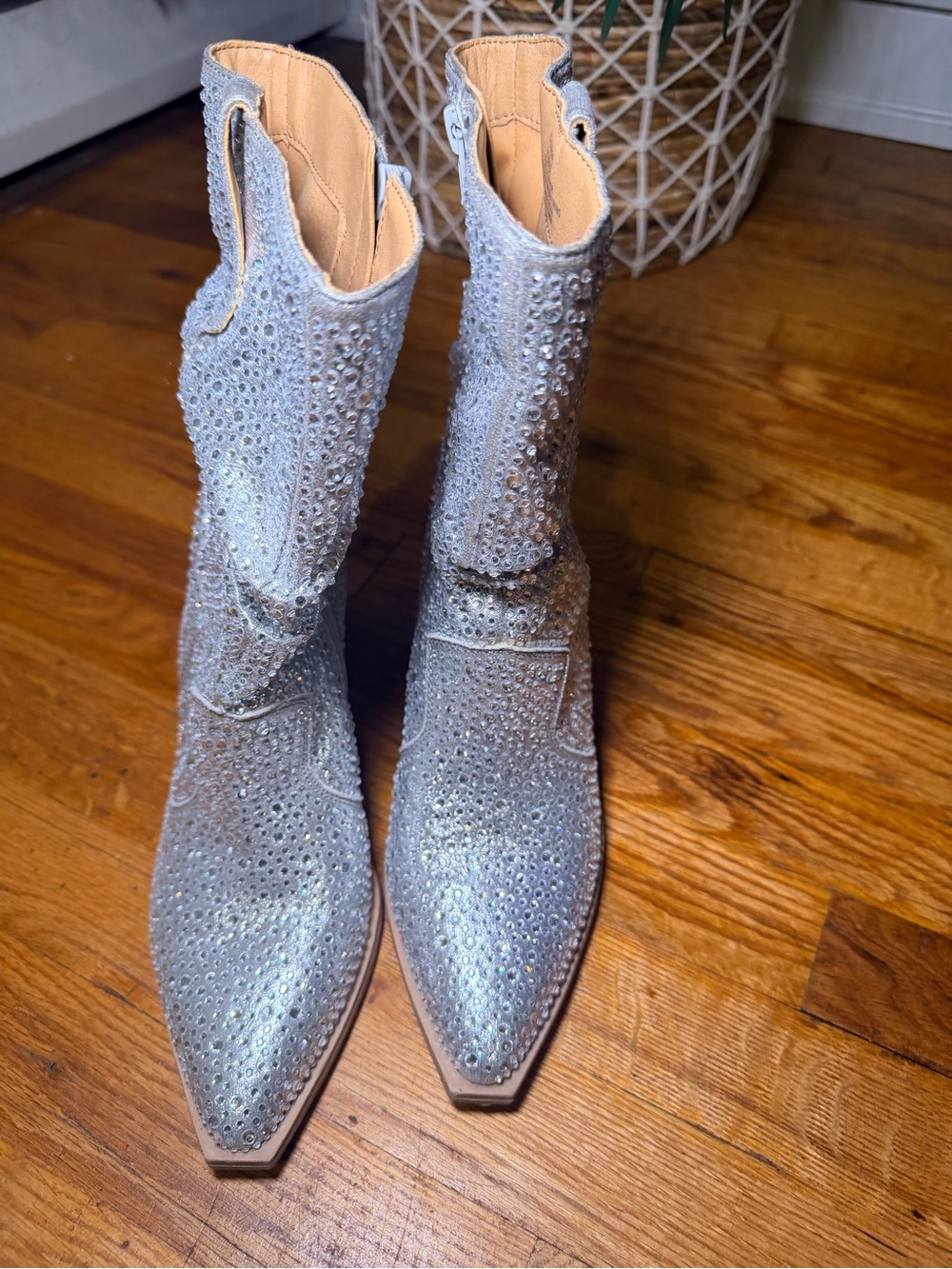 Crystal-Embellished Silver Pointed Ankle Boots